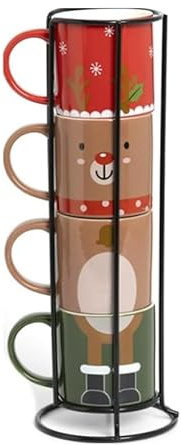 INTRECCI – Set Tazzine Caffè Natalizie Renna in Porcellana con Supporto, 4 Tazze da Caffè Particolari Impilabili, Idea Regalo Elegante per la Tavola di Natale, Design Nordico e Raffinato