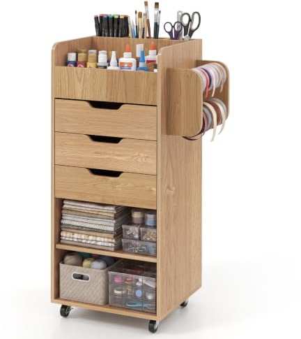 COSTWAY 3 Drawers Mobile File Cabinet, Lateral Storage Chest (Natural)