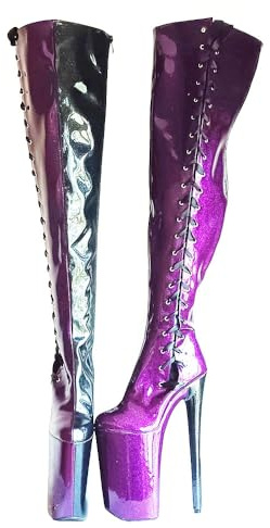 denovas kvinnors patent 25,4 cm mycket högklackad plattform stång dans över knät lårhög stövel med dragkedja, Svart glitter lila glitter, 42.5 EU