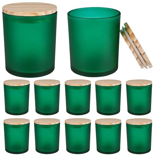 COYACOOL 12 tarros de velas para hacer velas, tarros de vidrio vacíos de 10 onzas de grosor con tapas de bambú, a granel, verde esmerilado