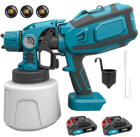 Akku Farbspritzpistole, 18V 2X 3000mAh Akku & Ladegerät | 1400ml großer Behälter, 3 Düsen (1,0/1,8/2,5mm), 3 Sprühmuster , variable Durchflussregelung – ideal für Möbel, Zäune, Wände