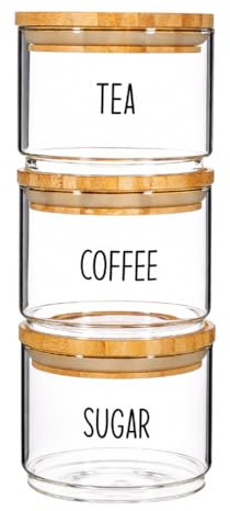 Trendi Stackable Glass Storage Jars with Airtight Bamboo Lids, for Tea, Coffee and Sugar, Set of 3