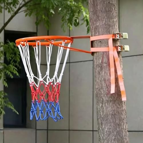Enigmaire Canasta Baloncesto Exterior Pared,Aro De Baloncesto De Pared Exterior,Canasta De Baloncesto De Pared De Hierro con Malla,con Correas Ajustables,para áRboles,Columna Redonda,Hierro