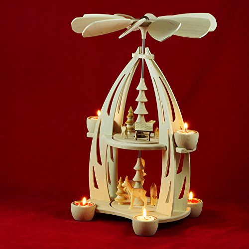 Wichtelstube-Kollektion XXL Weihnachtspyramide Rehe + Futterkrippe Pyramide Weihnachten aus Holz für Teelichter 24 x 24 x 49 cm Teelichtpyraminde aus feinsten Buchenholz
