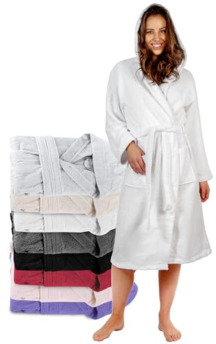 Twinzen Bademantel Damen - 100% Baumwolle OEKO-TEX® Zertifiziert - XS, S, M, L, XL - Morgenmantel Damen mit Kapuze, 2 Taschen, Gürtel