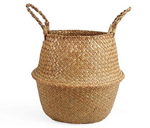 BlueMake Woven Seagrass Belly Basket for Storage, Plant Pot, Laundry, Picnic and Grocery Basket with Handle (Large, Original)