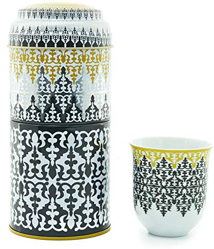 IMAGES D'ORIENT Geschenkset 2 in 1 Metalldosen mit 2 x 90ml Porcalain Espressotassen Espressobecher Moccatassen orientalisch Gemustert Safra