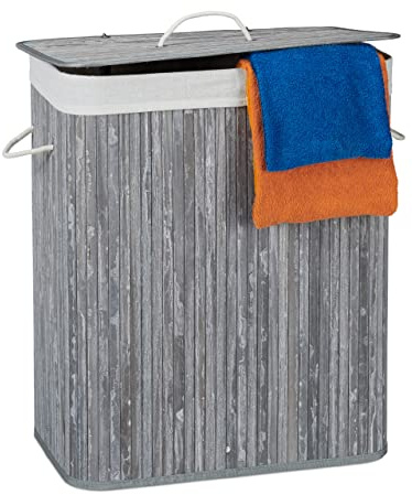 Relaxdays Wäschekorb Bambus mit Deckel, rechteckiger Wäschesammler, 2 Fächer, 95 l Volumen, faltbare Wäschebox, Farbwahl | 2 Fächer, 95 l Volumen, faltbare Wäschebox