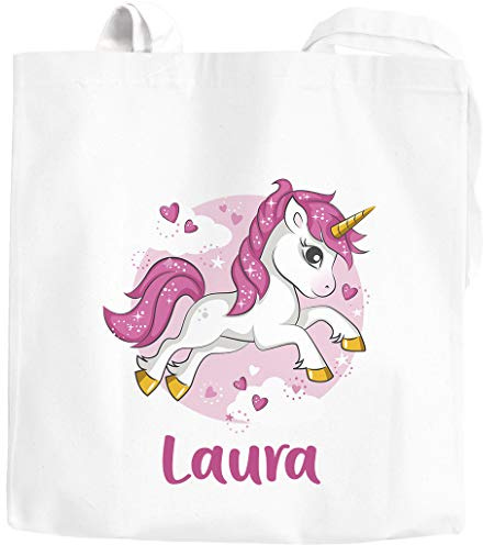 SpecialMe Beutel Einhorn mit Namen Unicorn Einkaufstasche weiß 2 lange Henkel