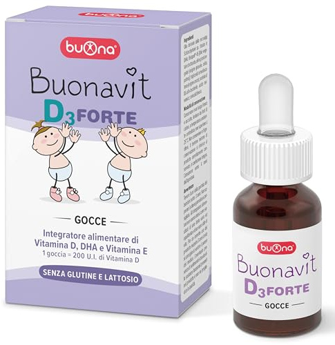 Buonavit D3 Forte Vitamina D3 Gocce Bambini 12 ml, con DHA e Vitamin E, Integratore Vitamina D Bambini, Neonati e Adolescenti, Senza Glutine e Lattosio, Vitamine con Pipetta Contagocce