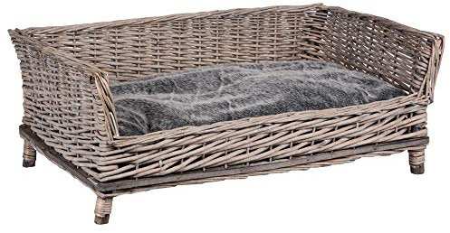 UNUS Hundebett Hundekorb Hundekörbchen aus Weide eckig mit Kissen grau für große und kleine Hunde 88 cm Breite