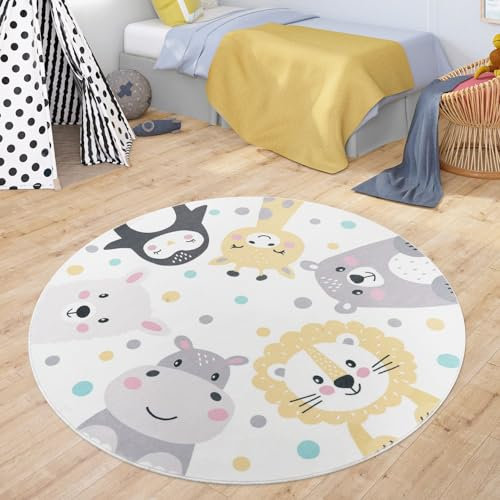 TT Home Rund Kinderzimmer Teppich Kinderteppich Waschbar Tiere Zoo Lama Pinguin Löwe Bär, Farbe:Beige, Größe:160 cm Rund