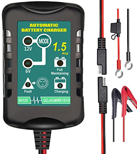 Battery Charger Automatic 6V 12V 1.5A, Trickle Charger Suitable for AGM Gel SLA VRLA Flood Lead-Acid Batteries, Starting Batteries for Auto Car Motorcycle, Dual Voltage Output Detection and Repair