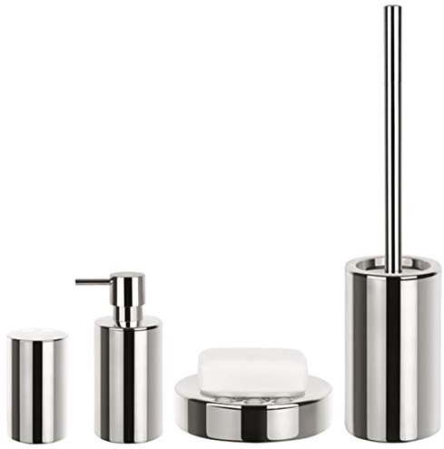 Spirella Badezimmer Set, 4-teiliges Badzubehör aus Porzellan Tube Seifenspender, Seifenschale, WC Bürste und Zahnputzbecher Silber