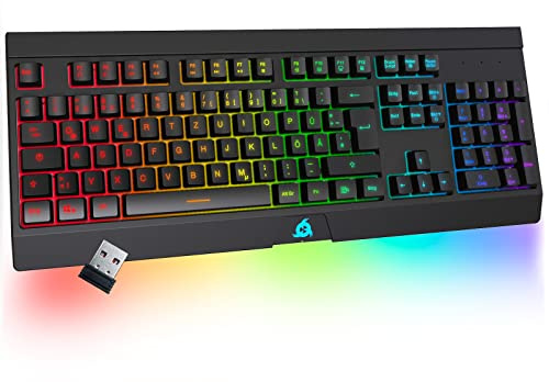 KLIM Rival Kabellose Gaming Tastatur Leise und Spritzwassergeschützt | Mit Anti-Ghosting Tasten sowie RGB Beleuchtung für PC und Mac
