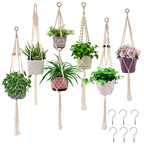 6 Packungen Makramee-Pflanzenhänger mit 6 Haken, handgefertigtes Hängepflanzen-Set, Baumwollseile, Blumentopfhalter, Ständer, für drinnen und draußen, Boho Heimdekoration