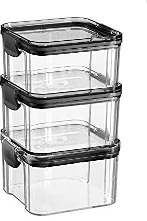 Argon Tableware Food Storage Containers - 460ml - Black - Pack of 3 - Clear Airtight Reusable Stackable Freezer Storage Meal Prep Container Lunch Tupperware Box with Clip-Lock Lid