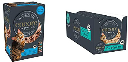 Encore 100% Natural Wet Cat Food, Multipack Fish in Jelly 4 x (5 x 50 g) Pack of 20 Pouches & 100% Natural Wet Cat Food Pot, Succulent Tuna with Pacific Crab in Broth 60 g Pot (Pack of 10)