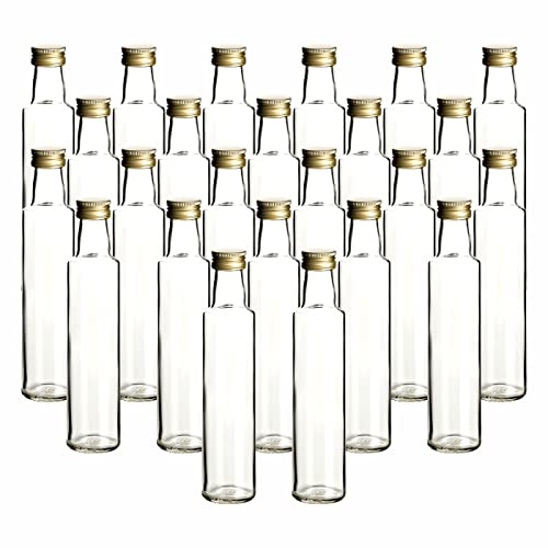 gouveo 24er Set Glasflaschen 250 ml (0,25 l) Glasflasche 250 ml Dorica transparent Schraubverschluss PP 31,5 goldfarben, leere Flaschen zum Befüllen für Likör, Öl, Essig, Saft