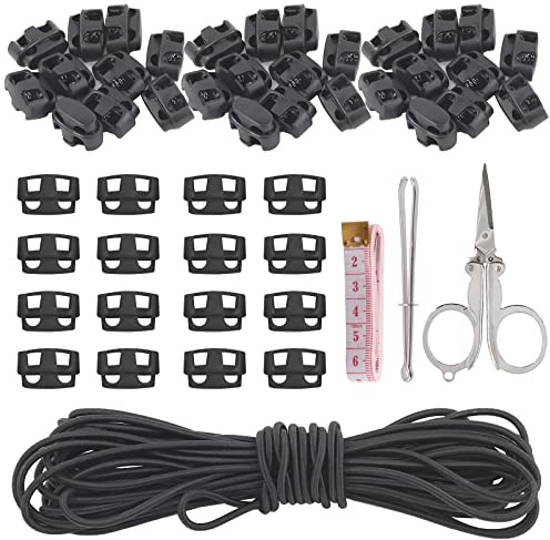 Swpeet 105 Stück Doppelloch-Kunststoff-Kordelstopper für Federknebelstopper und 9,5 m elastische Schnur für Kordelzüge, rutschfester Kordelstopper, verstellbare Schnalle