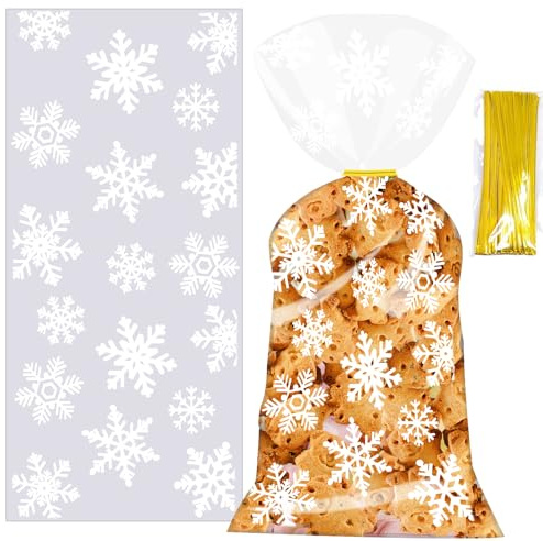 TACHIO Zellophantüten 100 Stück Weihnachtsbeutel 12.5x27.5cm Geschenktüte Keksbeutel Plätzchentüten Gebäcktüten Klarsichtbeutel Zellglasbeutel Cellophantüten für Geschenk (Schneeflocke)