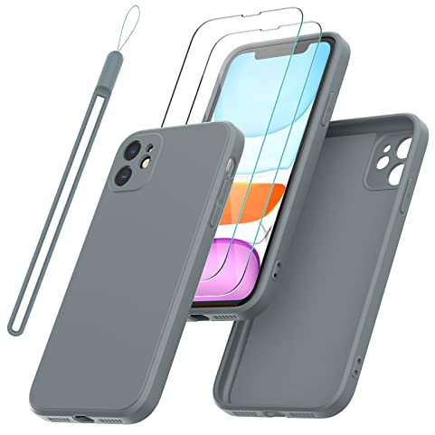 Giolus Case for iPhone 11 with 2 Pack Screen Protector with Wrist Strap, Premium Liquid Silicone Soft TPU Case Anti-Scratch Shockproof Full Body Phone Cover-Lavender Gray