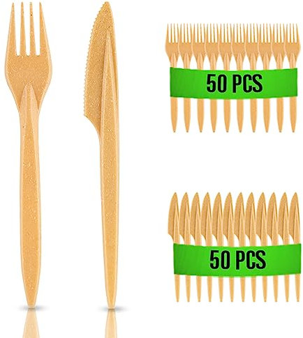 RAGO® Wiederverwendbaren Besteck Set 100 Stück Umweltfreundlich aus WPC I Alternative zu Plastikbesteck I 50 Gabeln I 50 Messer I Robust I Mehrweg I Perfekt für Events und Feiern I Farbe Hellbraun