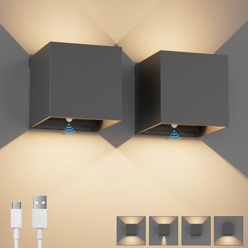 K-Bright 2 x Battery Wall Light with Motion Sensor Indoor, 5 W LED Battery Wall Lamp Up Down Design Adjustable Beam Angle for Living Room, Bedroom, Balcony, Hallway, Stairs (Dark Grey)