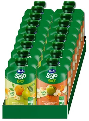 Hero Solo - Boîte Mixte de Gourdes, 9 Gourdes de Pomme, Banane et Carotte et 9 Gourdes de Banane, Poire et Orange, 100% BIO, Origine Naturalle, Produit Écologique - Pack de 18x100g