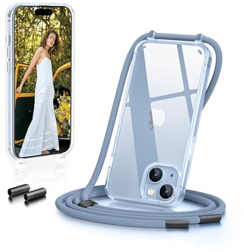 GOODVISH Handykette für iPhone 15 Hülle mit Band Transparent, Blau | Kameraschutz und Bildschirmschutz, Necklace Handyhülle mit Schnur Schutzhülle für zum Umhängen Case 15 mit Kordel 6.1