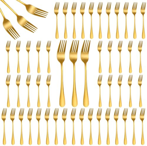 Leriton Lot de 50 fourchettes de table jetables en acier inoxydable doré de 20,3 cm pour maison, restaurant, cuisine, lave-vaisselle, convient pour salade, dessert, bœuf, steak, spaghettis