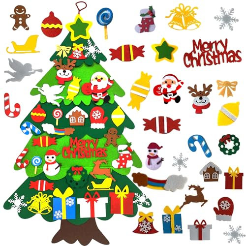 EMITUOFO Filz Weihnachtsbaum Kinder, DIY Filz Tannenbaum Weihnachtsbaum mit 32 Abnehmbaren Ornamente Hängend Dekor für Home Tür Wand, Neujahrs-Wandbehang-Dekorationen