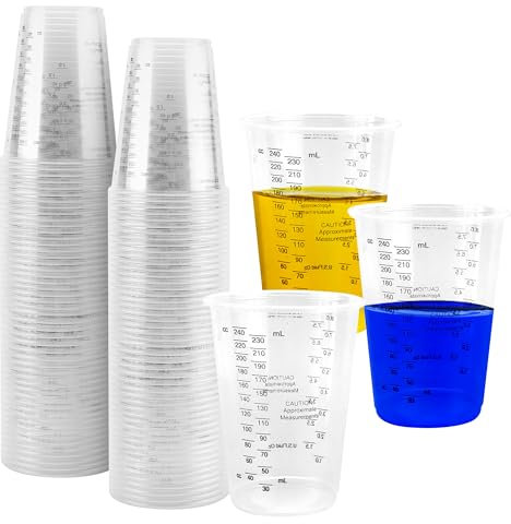 YKUKIZEE 100 Pcs 240 ml Plastic Measuring Cups with Scale, 8 oz Resin Measuring Cups, Clear Mixing Cups for Paint Graduated Pigment Resin Epoxy Liquids