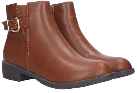 76609-Botin de Tacon Bajo para Mujer, Comodo, Correa con Hebilla, y Cierre de Cremallera, Otono Invierno 2022. Talla 36 Camel