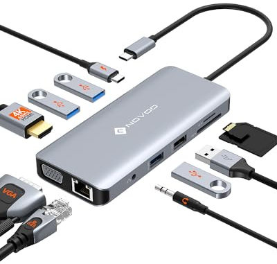 NOVOO USB C Hub, 11 en 1 Docking Station Adaptador USB C con 4K USB C a HDMI, VGA, Gigabit Ethernet, 100W PD, 3 USB-A 5 Gbps, lector de tarjetas MicroSD/SD, base USB C para la mayoría de dispositivos