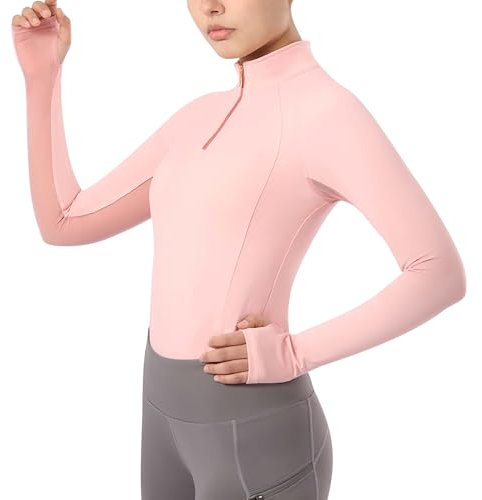 Harrison Howard Ridsport toppar dam långärmad halv nätarm design snabbtorkande sommartopp med snygg halsringning, Orangerosa, S