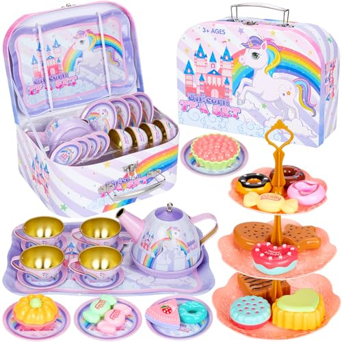 Damcyer Juego de té Infantil, 33 PCS Juego de te para Niñas Juguetes de Cocina con Bandeja de Postres y Comida, Accesorios de Cocina para Niños y Niñas para Niña 3 4 5 6 7 Años, Unicornio