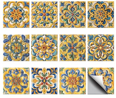 CHGCRAFT 36 pièces 12 Styles Autocollants de Carrelage de Dosseret à Décoller et à Coller Rétro Jaune Mandala Autocollants de Carrelage Imperméables Autocollants Muraux Carrés 4x4 pouces
