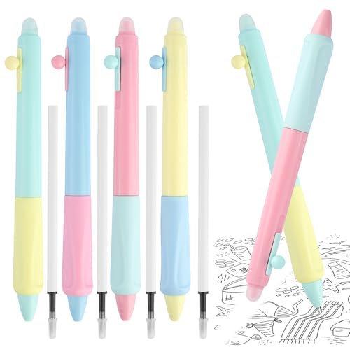 4 Stück Radierbarer Kugelschreiber, 0.5mm Schwarze Kugelschreiber Radierbar, Radierbare Stifte mit Radiergummi, Tintenroller Radierbar mit 4 Ersatzminen Gelstifte für Studenten Geschenk Schulanfang