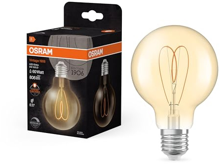 OSRAM Vintage 1906 Globe è una dimmerabile di colore bianco caldo dalla classica forma sferica con filamento. Offre 8 W per 806 lm, attacco E27, vetro color oro, diametro 80 mm, 2200 K, EEK F.