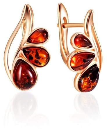 Liten roséguld förgyllt sterlingsilver 925 3-bladig örhängen med äkta baltisk bärnsten; tillverkad i Tyskland, Small, Sterlingsilver Roséguld Bärnsten, Bärnsten
