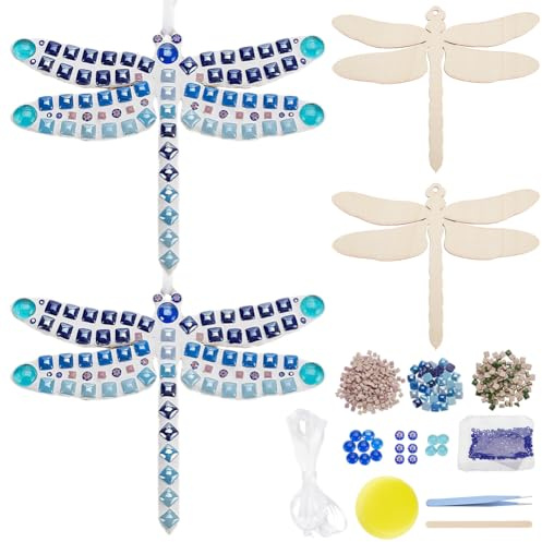 WEBEEDY 2 Set DIY Mosaic Kit Blue Dragonfly Mosaic Tiles Craft Kit Easy to DIY Animal Mosaic Making Kit with Instruction,Glass Mosaic Pieces Hanging Art for Adult Beginner Table Wall Decor