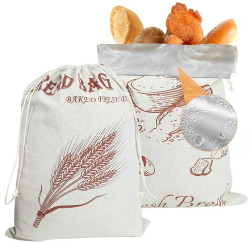 PRZRAO 2 Pezzi Sacchetto Pane 49x35cm, Extra Grande Riutilizzabile Con Interno in Plastica, Salva Freschezza per Pane