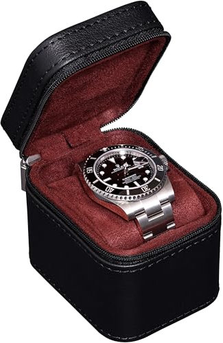 ROTHWELL Single Watch Travel Case | Compact PU Leather Protective Box with Microsuede Interior | Fits Watches & Smartwatches Up to 55mm (Black/Red)