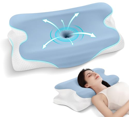 JINXIA Cervical Memory Foam Pillow, Ergonomic Pillow for Neck and Shoulder Pain Relief, Orthopedic Neck Support Pillow for Side/Supine/Prone Sleepers with Removable Cover, Blue/White