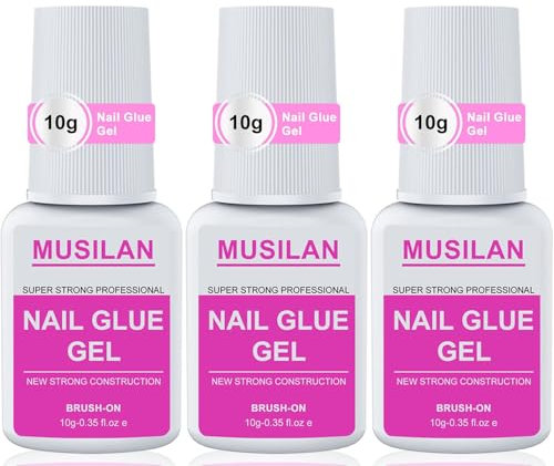 MUSILAN 3 Pièces Semi solide Colle à ongles avec pinceau 10g, colle à ongles super résistante pour ongles pressés, pas besoin de lampe UV, colle professionnelle pour faux ongles longue durée