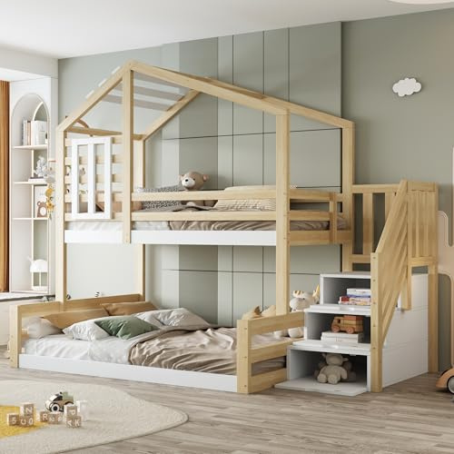 Litera 90x200cm Cama de casa con Ventana Escalera de almacenaje barandilla Cama Alta para 3 Personas Cama de Suelo con somier Madera de Pino Cama de Invitados Color Madera
