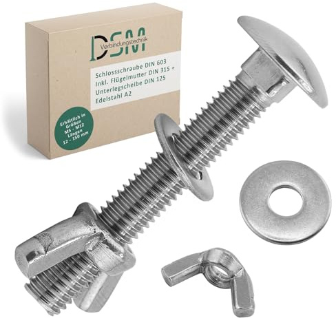 DSM – Schlossschrauben M10 x 25 mm SET DIN 603 – je 10 Stück Edelstahl A2 | inkl. M10 Flügelmuttern DIN 315 & Unterlegscheiben DIN 125 [TrueSpec] Vollgewinde Flachrundkopfschrauben Torbandschrauben