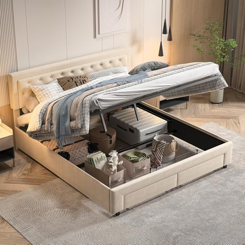 BRILVERDE Polsterbett 160x200cm,Hydraulisch Doppelbett mit Lattenrost und 2 Schubladen,Stauraumbett mit Kopfteil, Metallrahmen,Samt (Beige, 160x200 cm)
