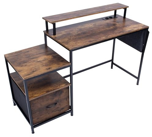 Computertisch Kleiner Schreibtisch mit Schublade Stauraum Steckdose Monitorständer, Multifunktionstisch im Retro Landhausstil Möbel Passend für Büro/Gaming/Tisch Holz/Retro Braun/143x50x90(BTH)